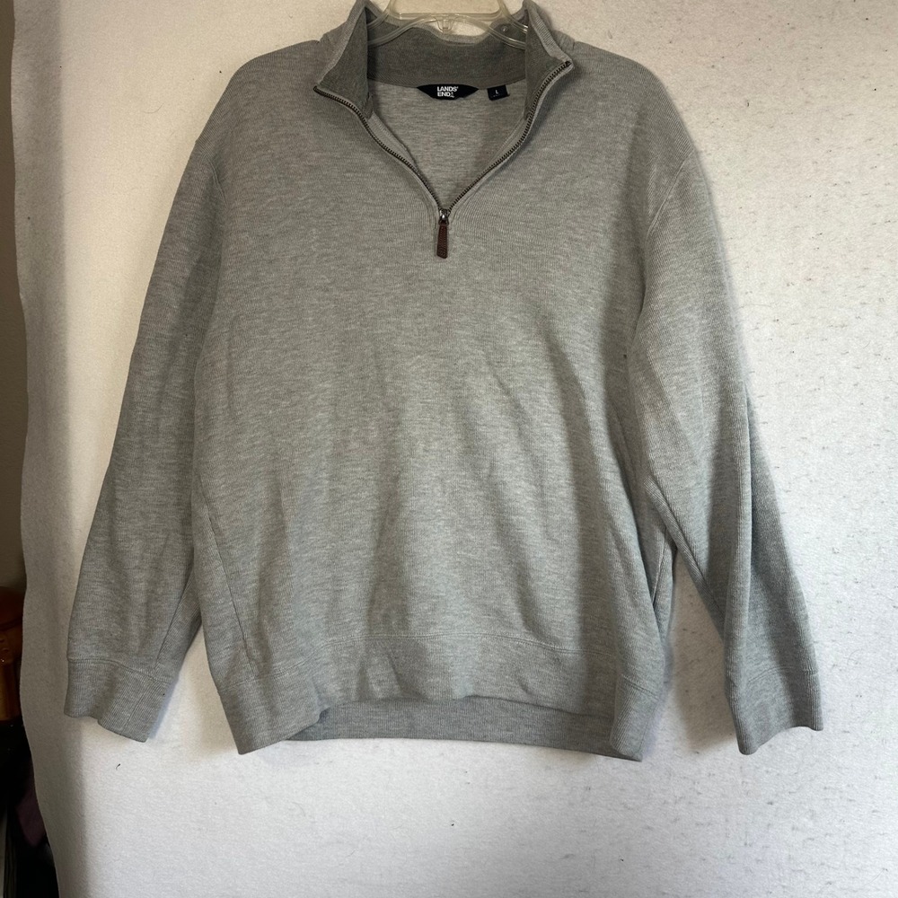 Lands End Mens Quarter Zip Pullover Sweater Gray Cotton Blend Size L 42-44